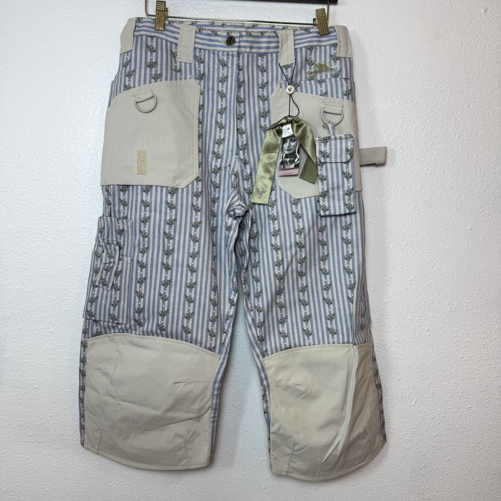 Garden Girl Capris Womens US 10 Country Stripe Blue Floral Cropped Utility Pants - Picture 1 of 16